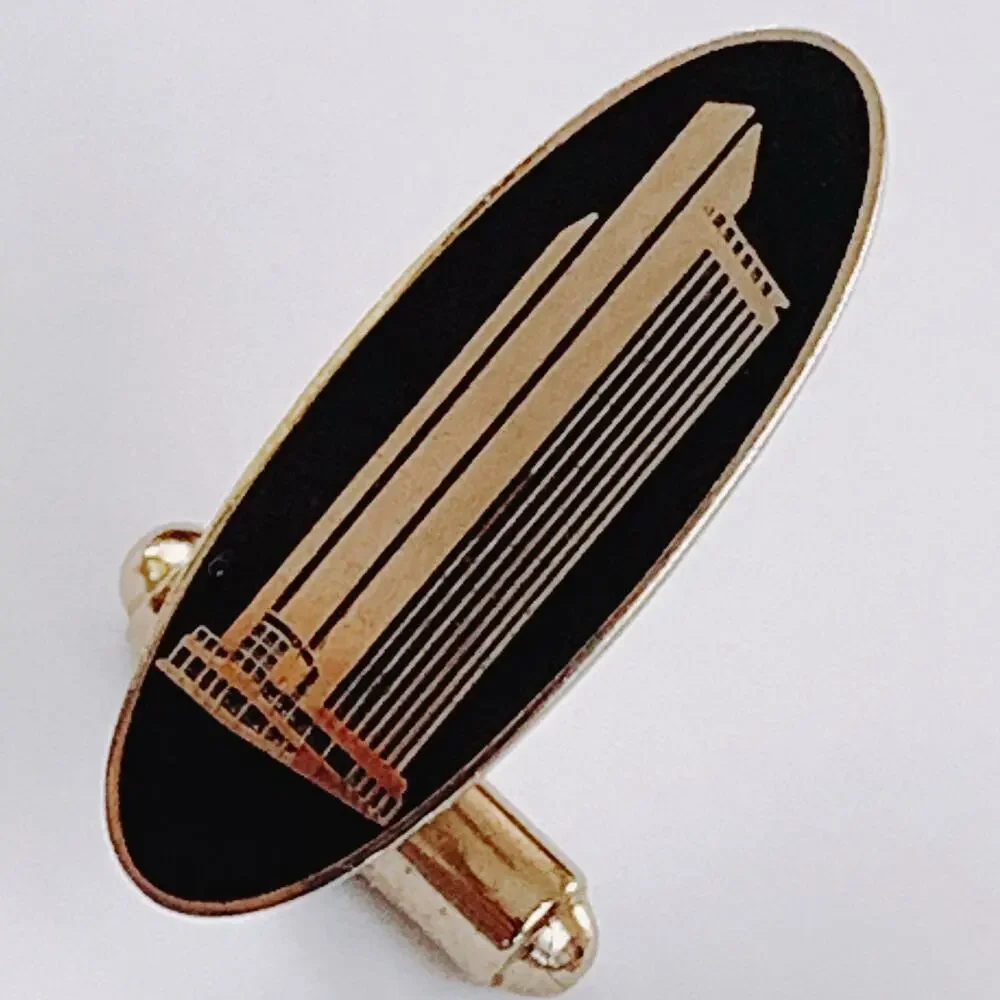 VTG Mid Century Black Cufflinks Tie Bar Chain 3-Piece Set Skyscraper Gold Tone